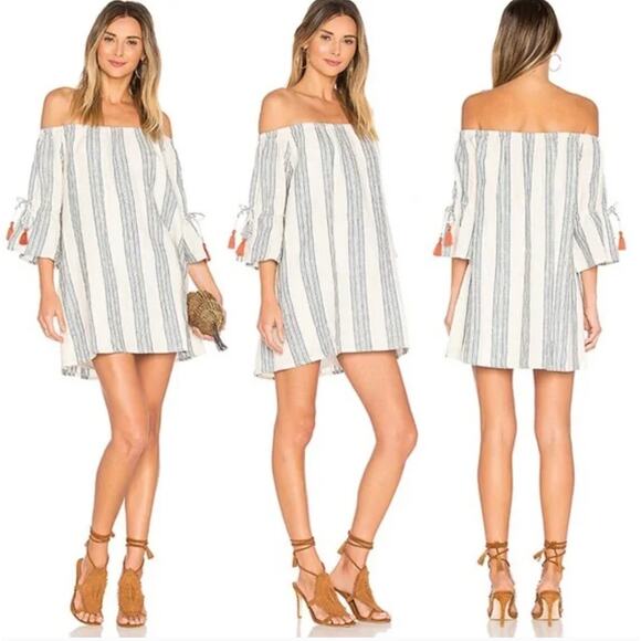 TULAROSA Blue White Striped Off Shoulder Linen Mini Dress Sara Size Medium - Picture 5 of 6